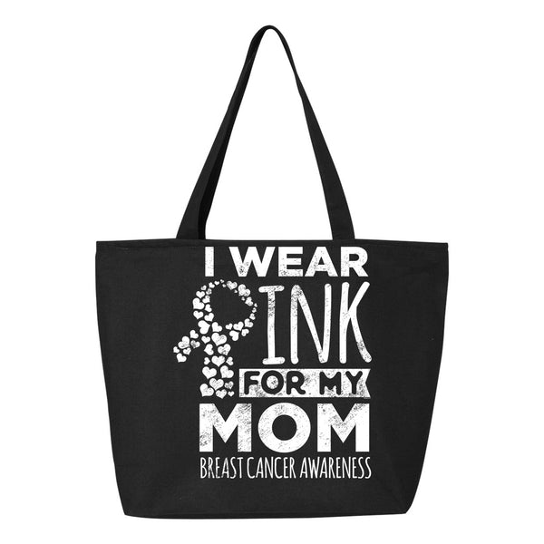 Veracco I Wear Pink For My Mom Heavy Cotton Canvas Reusable Tote Bag with Zipper Pink Ribbon Breast Cancer Awareness Items