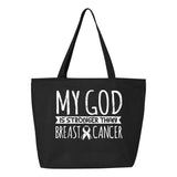 Veracco My God is Stronger Than Breast Cancer Heavy Cotton Canvas Reusable Tote Bag with Zipper Cancer Awareness Item