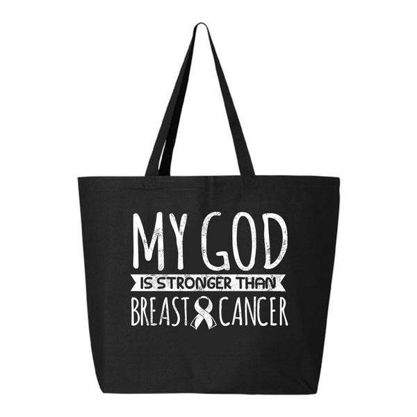 Veracco My God Stronger Than Breast Cancer Jumbo Heavy Cotton Canvas Reusable Tote Bag with Zipper Survivor Awareness Items