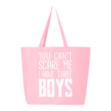 Veracco You Can't Scare Me I Have Three Boys Jumbo Heavy Cotton Canvas Reusable Tote Bag with Zipper Breast Cancer Awareness