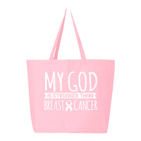 Veracco My God Stronger Than Breast Cancer Jumbo Heavy Cotton Canvas Reusable Tote Bag with Zipper Survivor Awareness Items