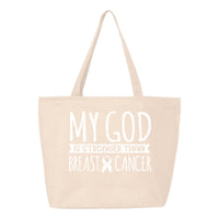 Veracco My God is Stronger Than Breast Cancer Heavy Cotton Canvas Reusable Tote Bag with Zipper Cancer Awareness Item