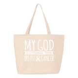 Veracco My God is Stronger Than Breast Cancer Heavy Cotton Canvas Reusable Tote Bag with Zipper Cancer Awareness Item