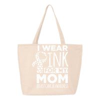 Veracco I Wear Pink For My Mom Heavy Cotton Canvas Reusable Tote Bag with Zipper Pink Ribbon Breast Cancer Awareness Items