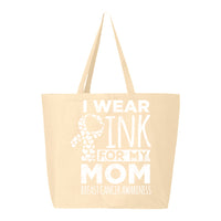 Veracco I Wear Pink for My Mom Jumbo Heavy Cotton Canvas Reusable Tote Bag with Zipper Survivor Breast Awareness Item