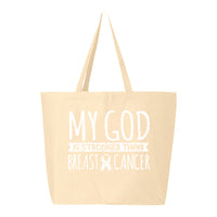Veracco My God Stronger Than Breast Cancer Jumbo Heavy Cotton Canvas Reusable Tote Bag with Zipper Survivor Awareness Items