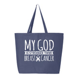 Veracco My God Stronger Than Breast Cancer Jumbo Heavy Cotton Canvas Reusable Tote Bag with Zipper Survivor Awareness Items