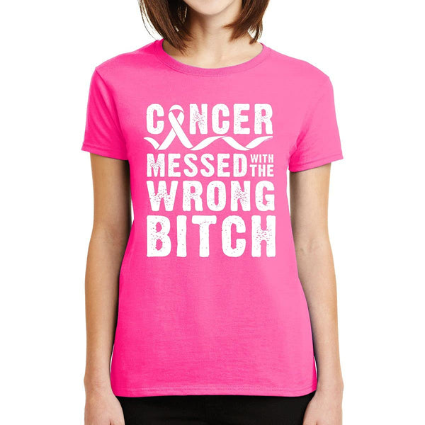 Cancer Messed with The Wrong B Breast Cancer Awareness Support Pink Ribon Gifts Women T-Shirt