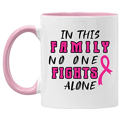 Veracco In this Family No One Fights Alone Cancer Awareness Pink Ribbon Ceramic Coffee Mug Motivational Inspirational Uplifting Funny Cancer Gifts For Women Chemo Survivor