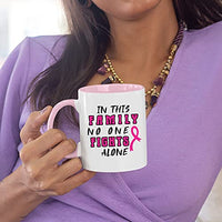 Veracco In this Family No One Fights Alone Cancer Awareness Pink Ribbon Ceramic Coffee Mug Motivational Inspirational Uplifting Funny Cancer Gifts For Women Chemo Survivor