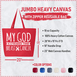 Veracco My God Stronger Than Breast Cancer Jumbo Heavy Cotton Canvas Reusable Tote Bag with Zipper Survivor Awareness Items
