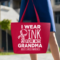 Veracco I Wear Pink For My Grandma Heavy Cotton Canvas Reusable Tote Bag with Zipper Pink Ribbon Breast Cancer Awareness Item