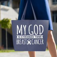 Veracco My God Stronger Than Breast Cancer Jumbo Heavy Cotton Canvas Reusable Tote Bag with Zipper Survivor Awareness Items