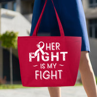 Veracco Her Fight is My Fight Heavy Cotton Canvas Reusable Tote Bag with Zipper Pink Ribbon Breast Cancer Awareness Items