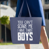 Veracco You Can't Scare Me I Have Three Boys Jumbo Heavy Cotton Canvas Reusable Tote Bag with Zipper Breast Cancer Awareness