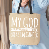 Veracco My God is Stronger Than Breast Cancer Tote Bag Fighter Survivor Cotton Canvas Reusable Breast Cancer Awareness Items