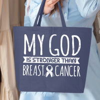 Veracco My God Stronger Than Breast Cancer Jumbo Heavy Cotton Canvas Reusable Tote Bag with Zipper Survivor Awareness Items