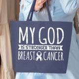Veracco My God Stronger Than Breast Cancer Jumbo Heavy Cotton Canvas Reusable Tote Bag with Zipper Survivor Awareness Items
