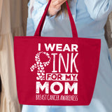 Veracco I Wear Pink For My Mom Heavy Cotton Canvas Reusable Tote Bag with Zipper Pink Ribbon Breast Cancer Awareness Items