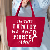 Veracco In This Family No One Fights Alone Heavy Cotton Canvas Reusable Tote Bag with Zipper Pink Ribbon Awareness Item