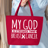 Veracco My God is Stronger Than Breast Cancer Heavy Cotton Canvas Reusable Tote Bag with Zipper Cancer Awareness Item