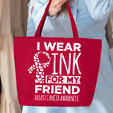 Veracco I Wear Pink For My Friend Heavy Cotton Canvas Reusable Tote Bag with Zipper Pink Ribbon Breast Cancer Awareness Items