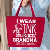 Veracco I Wear Pink For My Grandma Heavy Cotton Canvas Reusable Tote Bag with Zipper Pink Ribbon Breast Cancer Awareness Item