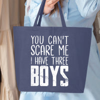 Veracco You Can't Scare Me I Have Three Boys Jumbo Heavy Cotton Canvas Reusable Tote Bag with Zipper Breast Cancer Awareness