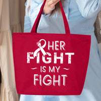 Veracco Her Fight is My Fight Heavy Cotton Canvas Reusable Tote Bag with Zipper Pink Ribbon Breast Cancer Awareness Items