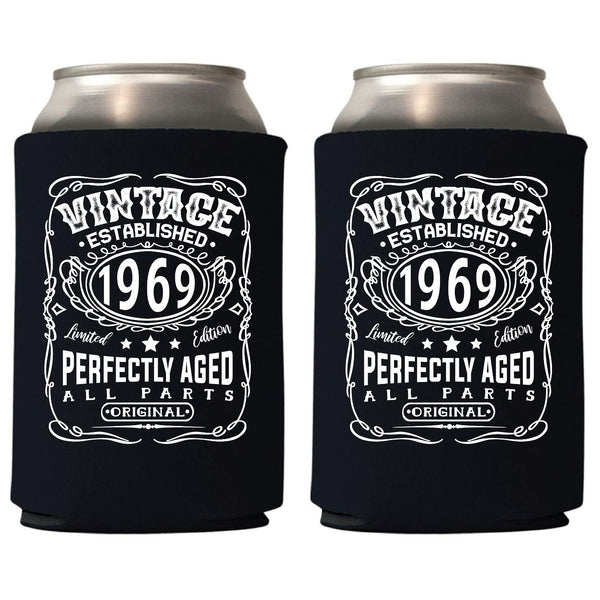 Veracco™ Vintage Established 1969 Perfectly Aged Can Coolie Holder 50th Birthday Gift Fifty and Fabulous Party Favors Decorations (6, Blk, 1969)