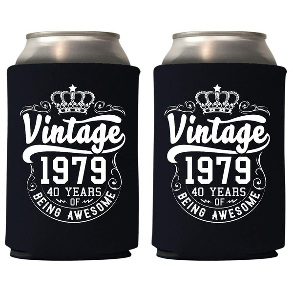 Veracco™ Crown Vintage 1979 40 Years Of Being Awesome Can Coolie Holder 40th Birthday Gift Forty and Fabulous Party Favors Decorations (6, Blk, 1979)