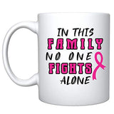 Veracco In this Family No One Fights Alone Cancer Awareness Pink Ribbon Ceramic Coffee Mug Motivational Inspirational Uplifting Funny Cancer Gifts For Women Chemo Survivor