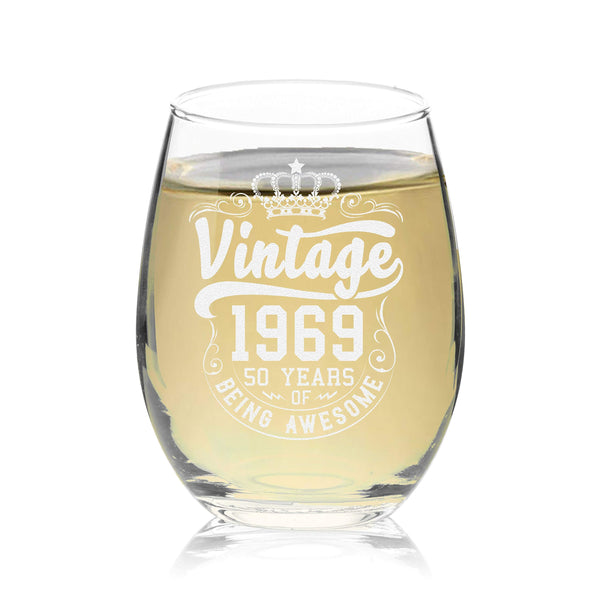 Veracco™ Crown Vintage 1969 50 Years Of Being Awesome Stemless Wine Glass 50th Birthday Gift For Him Her Fifty and Fabulous (1969, Stemless Glass)